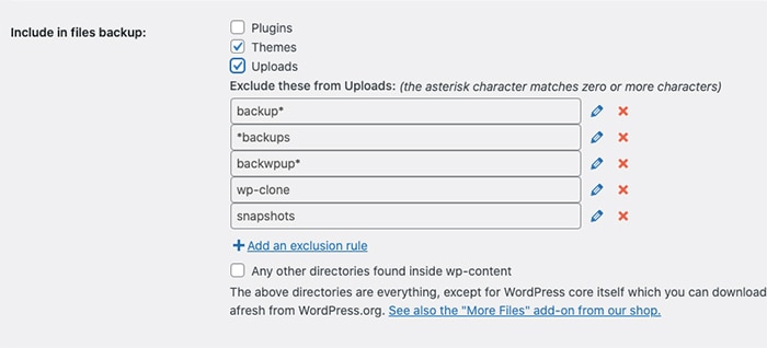 UpdraftPlus website backup files to be included