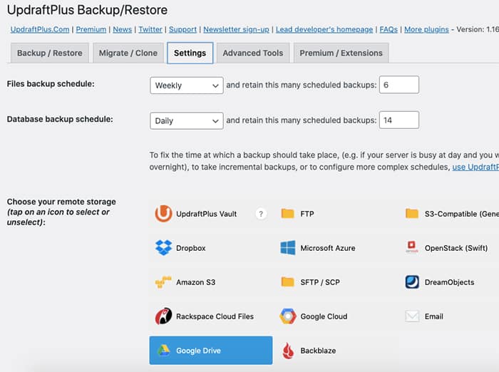UpdraftPlus Settings