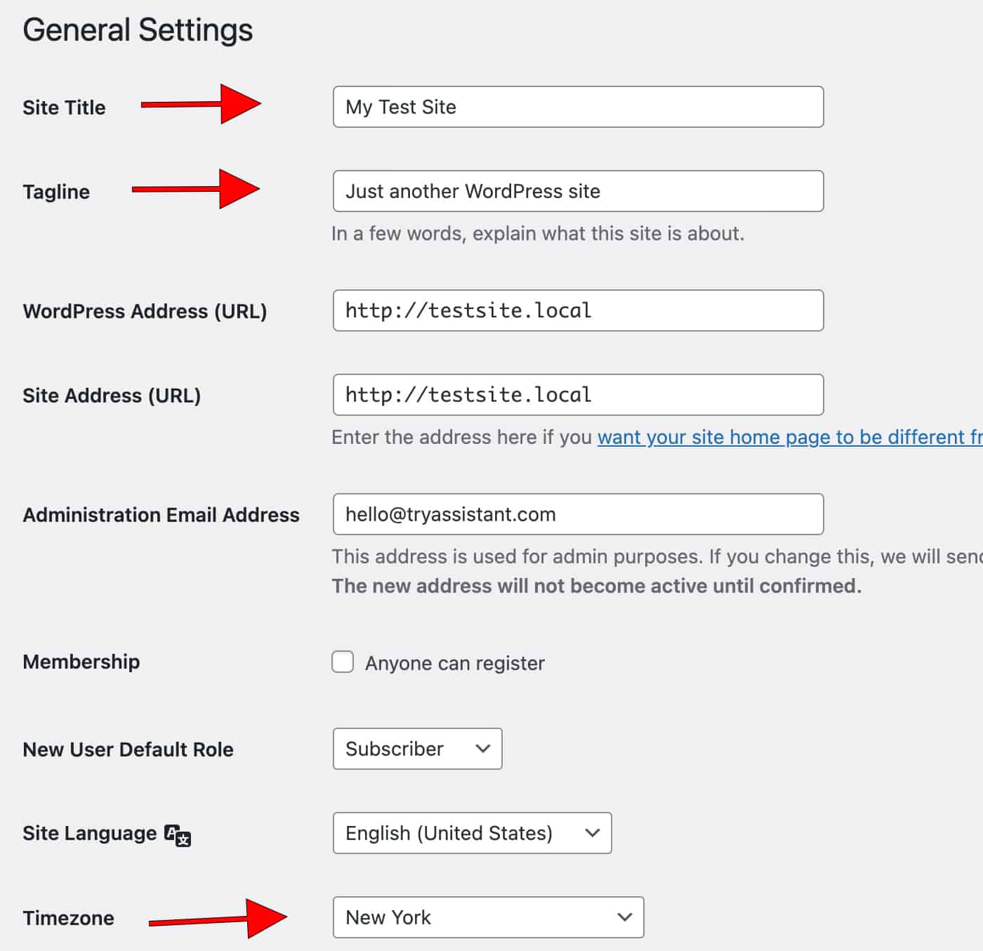 Set your WordPress Name, Tagline and Timezone for your new website.